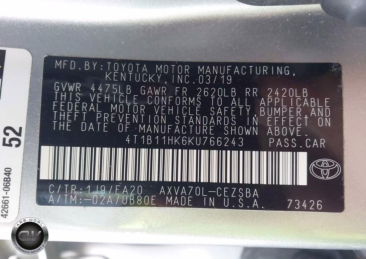 2019 Toyota Camry Se VIN:4T1B11HK6KU766243 - 9