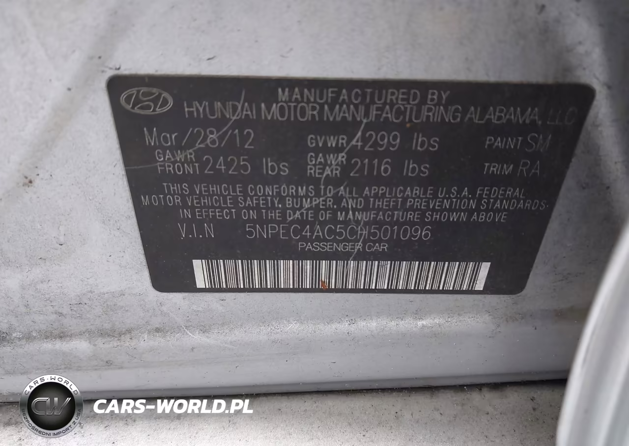 2012 Hyundai Sonata Se VIN:5NPEC4AC5CH501096 - 9