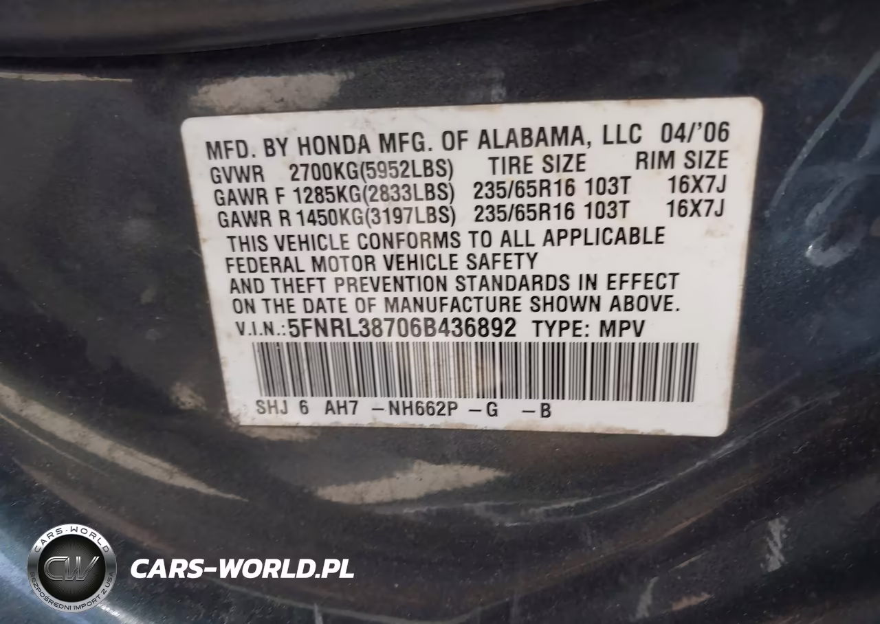 2006 Honda Odyssey Ex-L VIN:5FNRL38706B436892 - 9