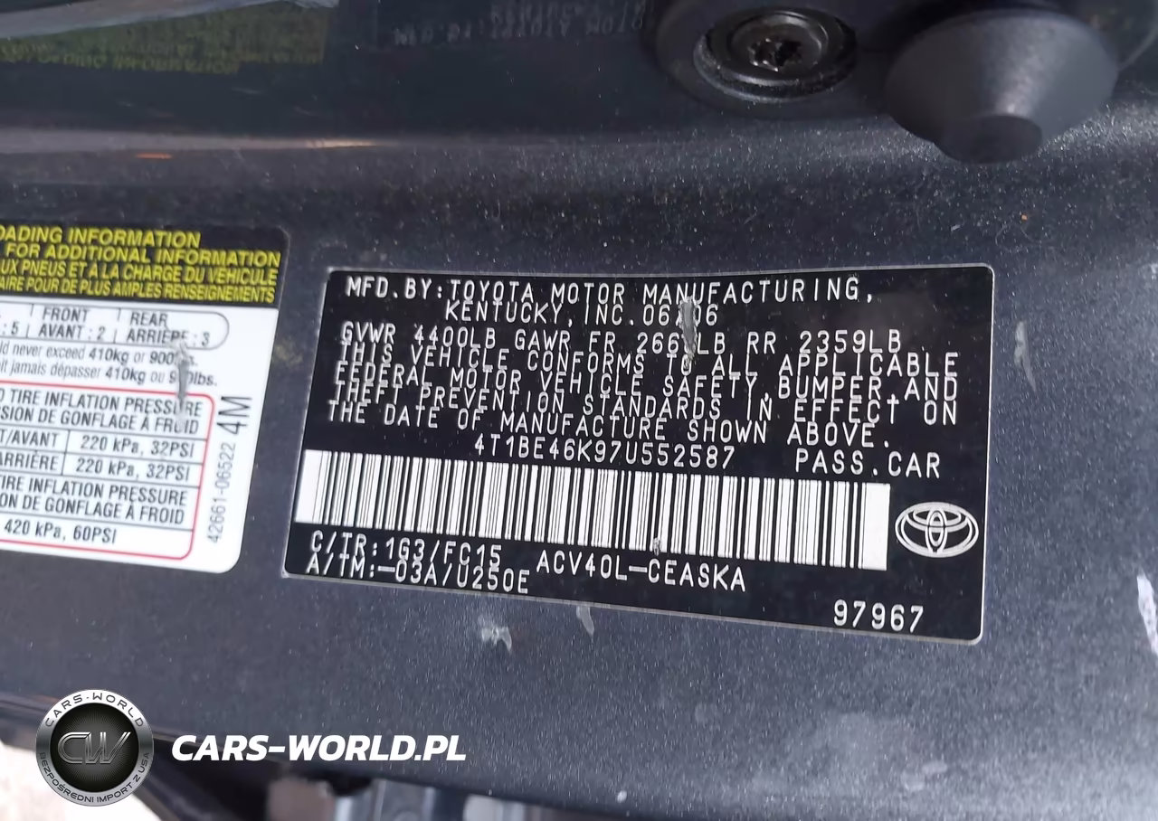 2007 Toyota Camry Se VIN:4T1BE46K97U552587 - 9