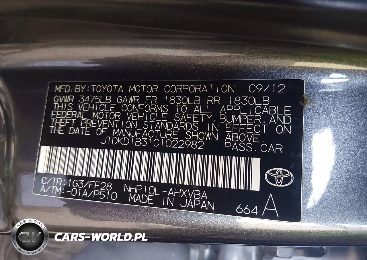 2012 Toyota Prius C Two VIN:JTDKDTB31C1022982 - 9