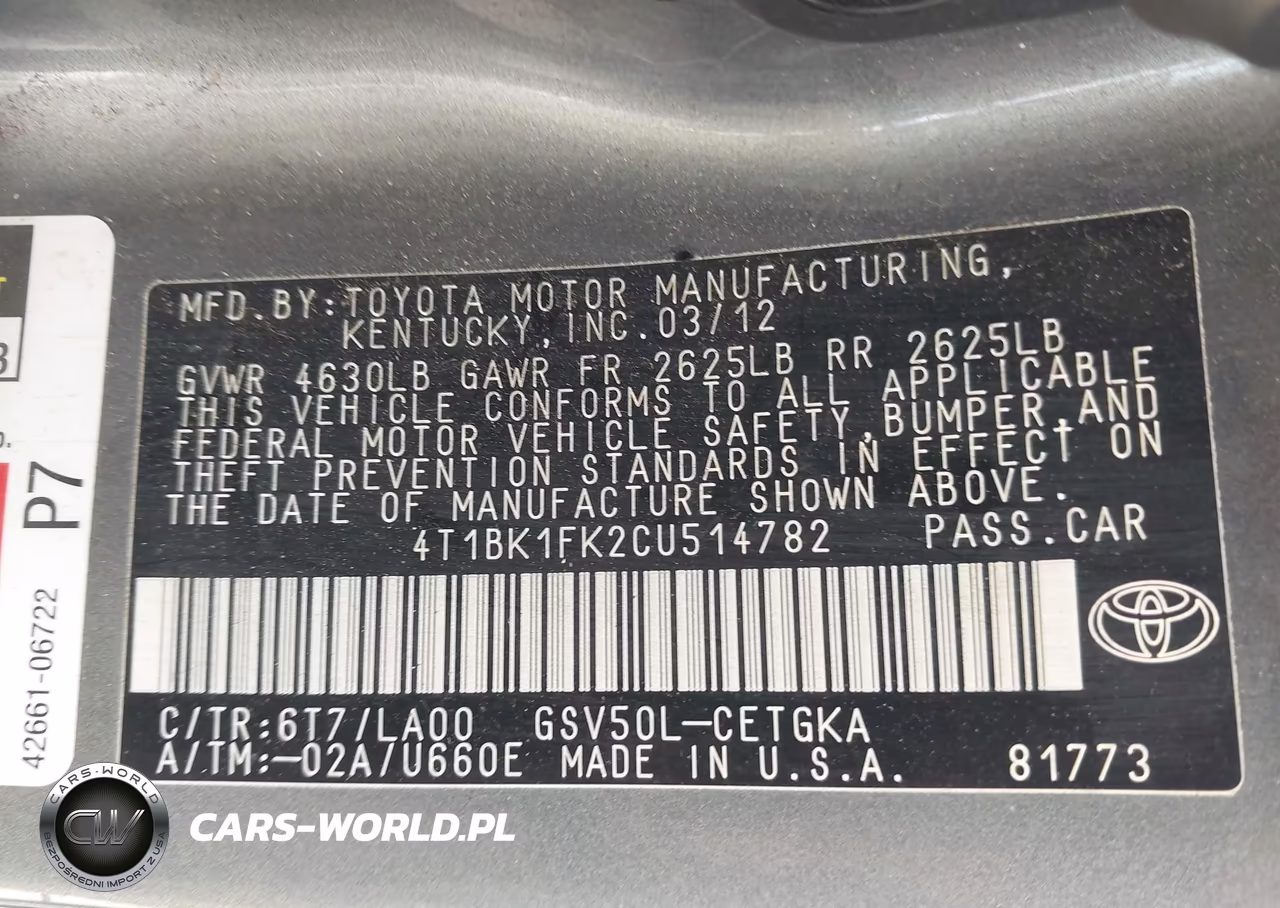 2012 Toyota Camry Xle V6 VIN:4T1BK1FK2CU514782 - 9