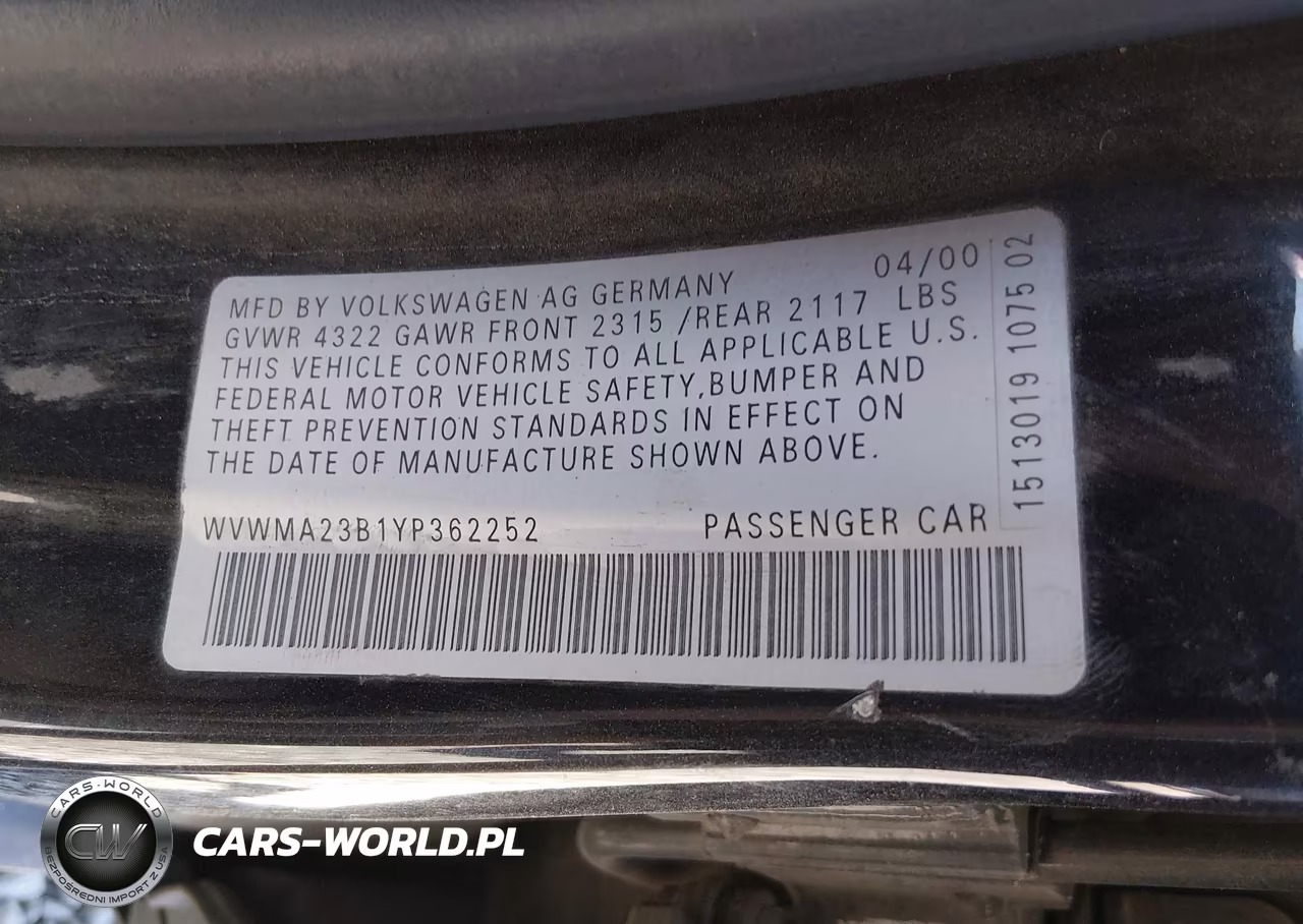 2000 Volkswagen Passat Gls VIN:WVWMA23B1YP362252 - 9