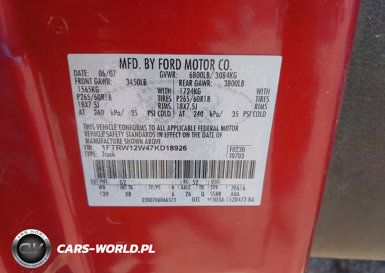 2007 Ford F-150 Fx2-Xlt VIN:1FTRW12W47KD18926 - 9