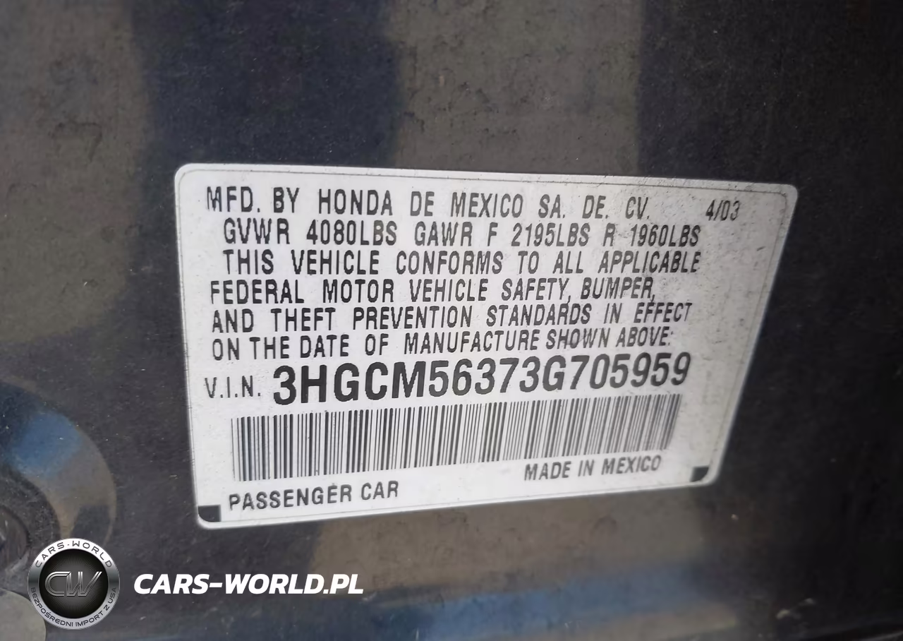 2003 Honda Accord 2.4 Lx VIN:3HGCM56373G705959 - 9
