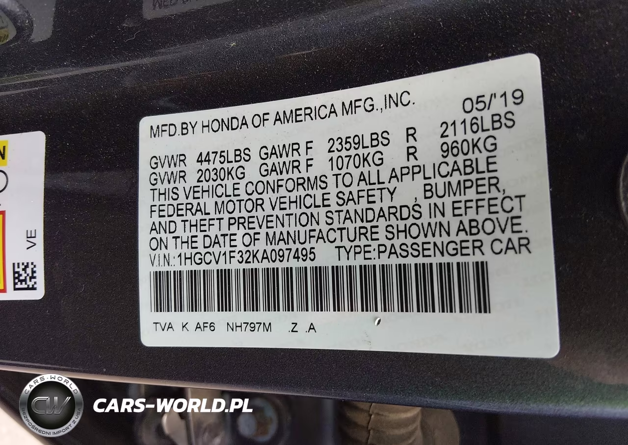2019 Honda Accord Sport VIN:1HGCV1F32KA097495 - 9