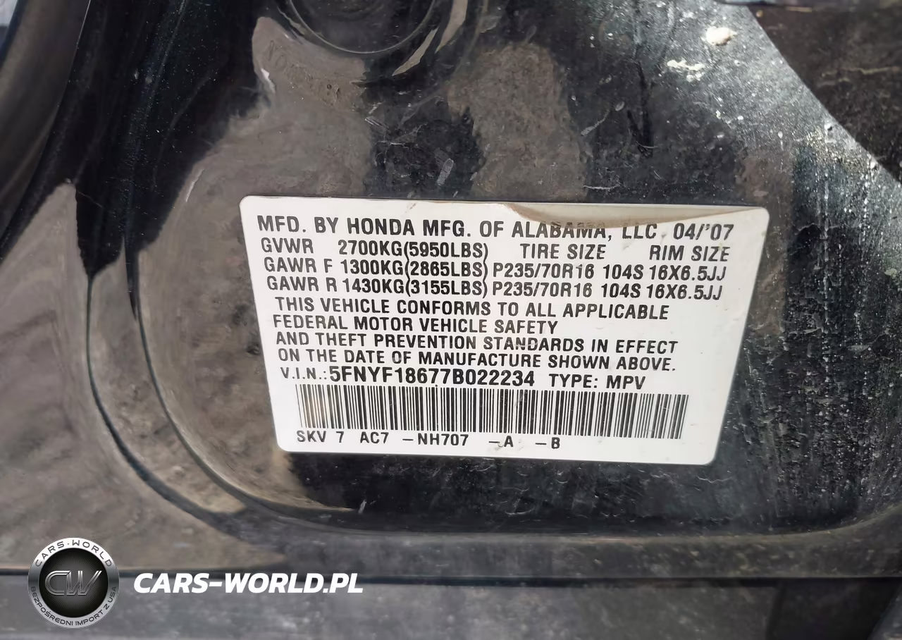 2007 Honda Pilot Ex-L VIN:5FNYF18677B022234 - 9