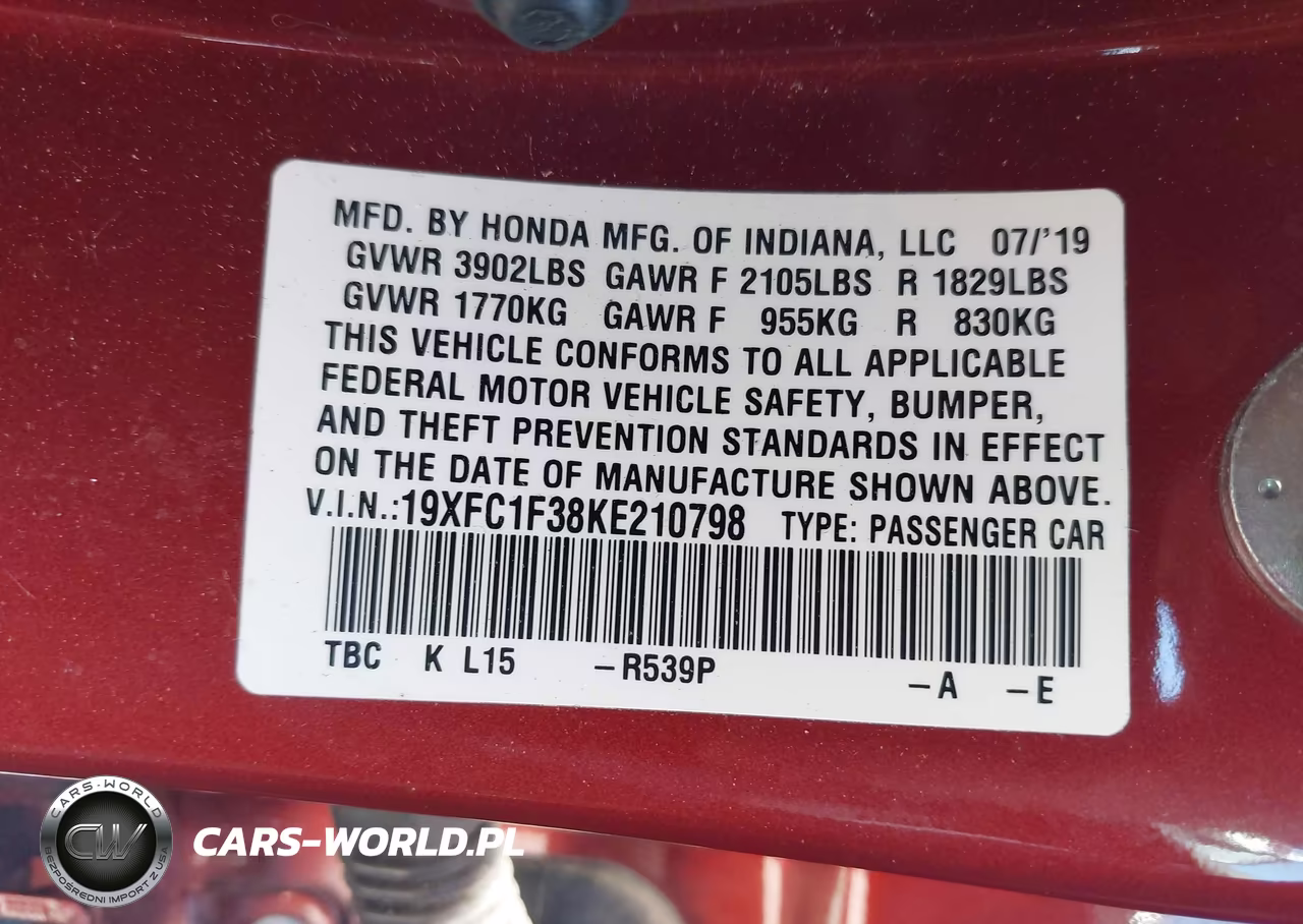 2019 Honda Civic Ex VIN:19XFC1F38KE210798 - 9
