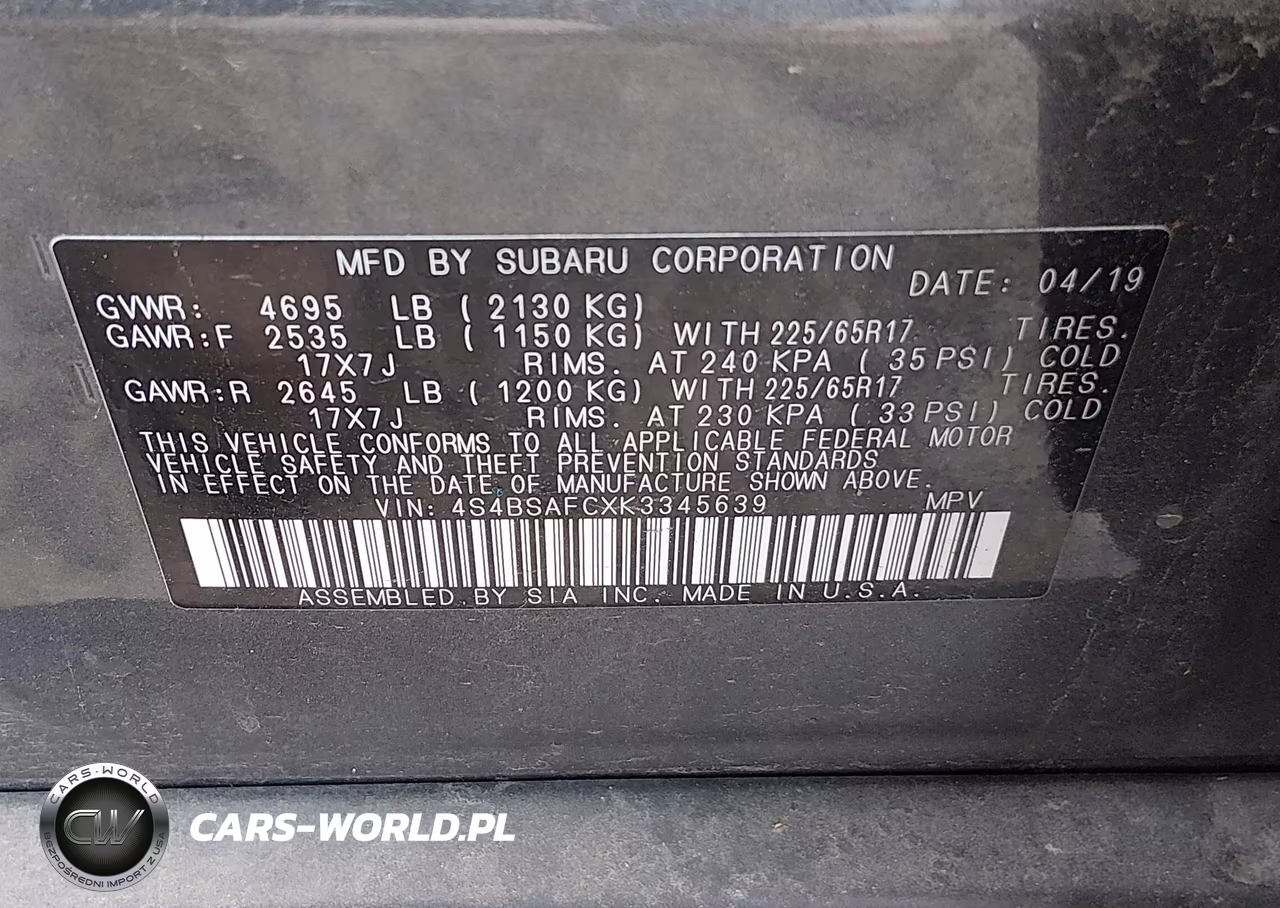 2019 Subaru Outback 2.5I Premium VIN:4S4BSAFCXK3345639 - 9