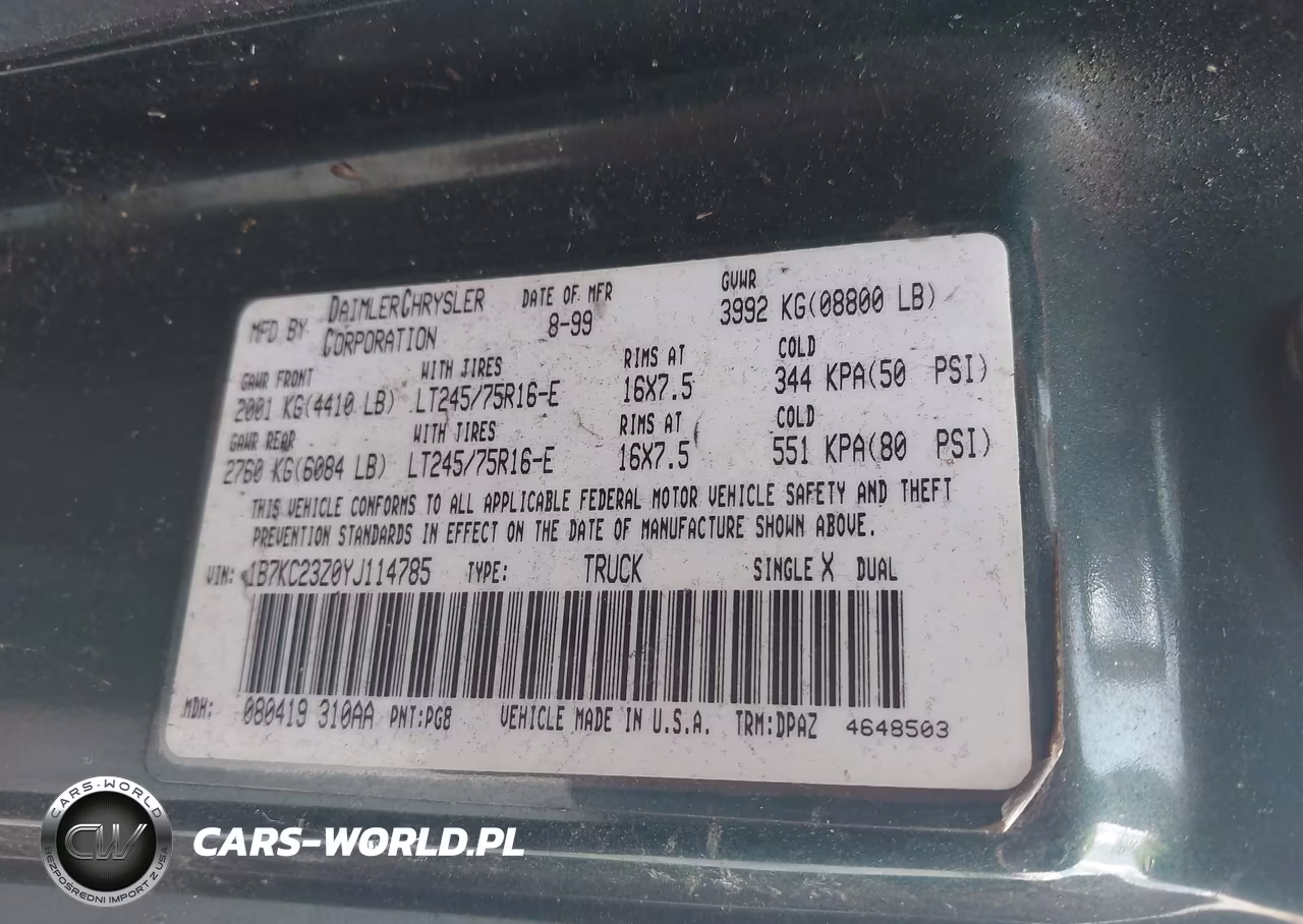 2000 Dodge Ram 2500 St VIN:1B7KC23Z0YJ114785 - 9