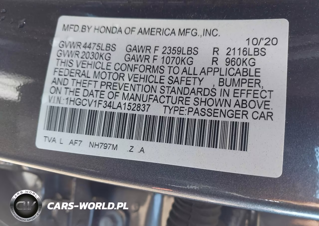 2020 Honda Accord Sport VIN:1HGCV1F34LA152837 - 9
