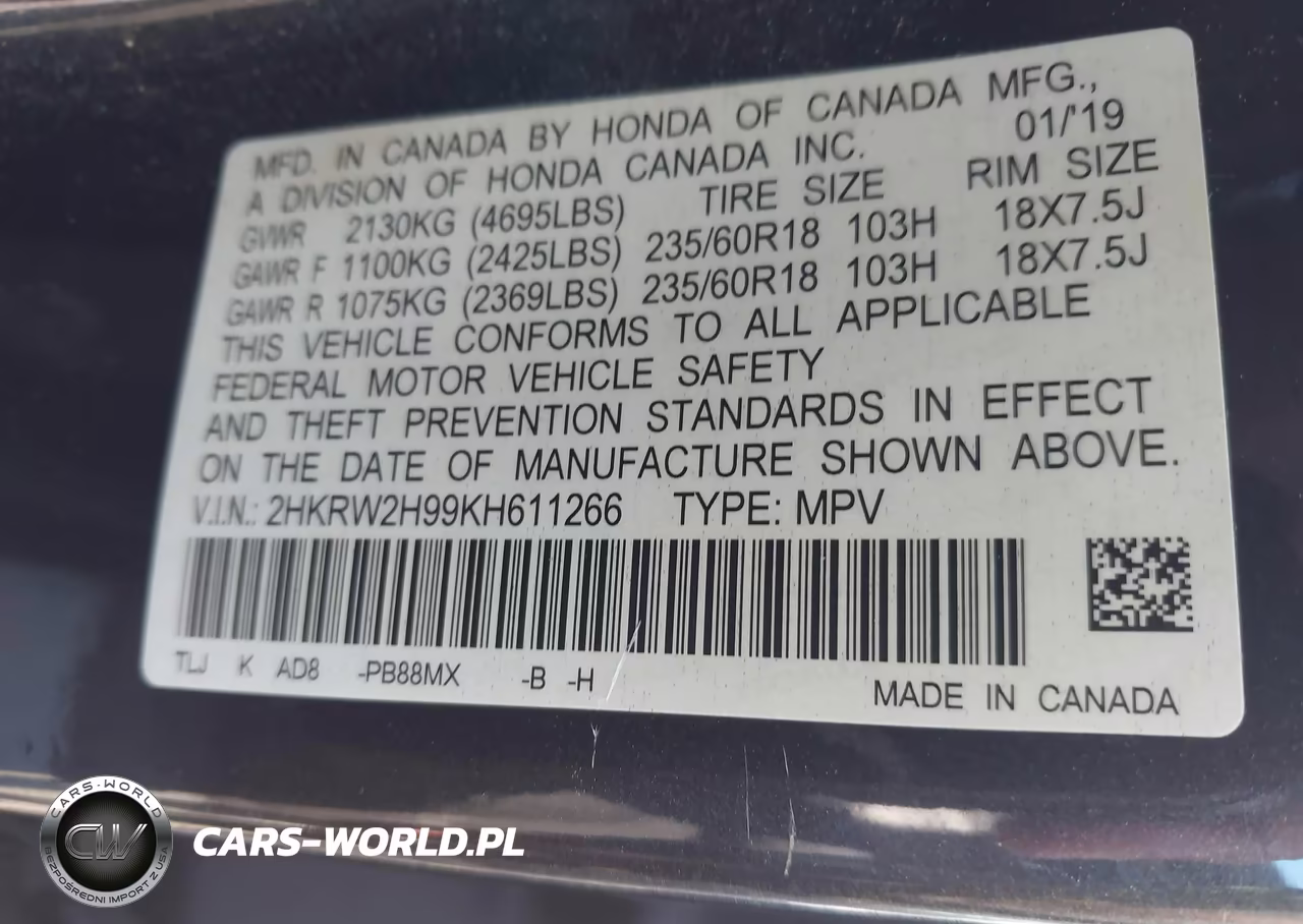2019 Honda Cr-V Touring VIN:2HKRW2H99KH611266 - 9