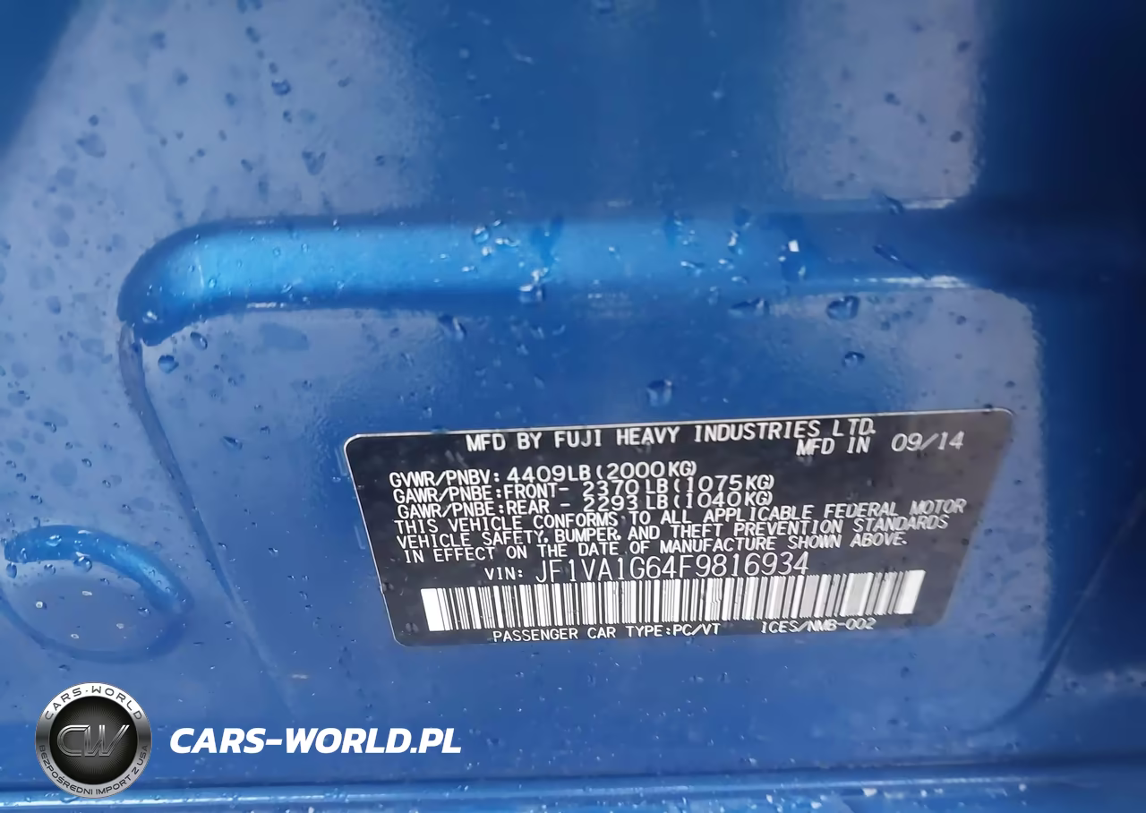 2015 Subaru Wrx Limited VIN:JF1VA1G64F9816934 - 9