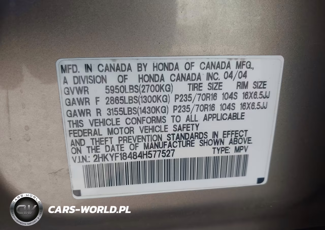 2004 Honda Pilot Ex VIN:2HKYF18484H577527 - 9