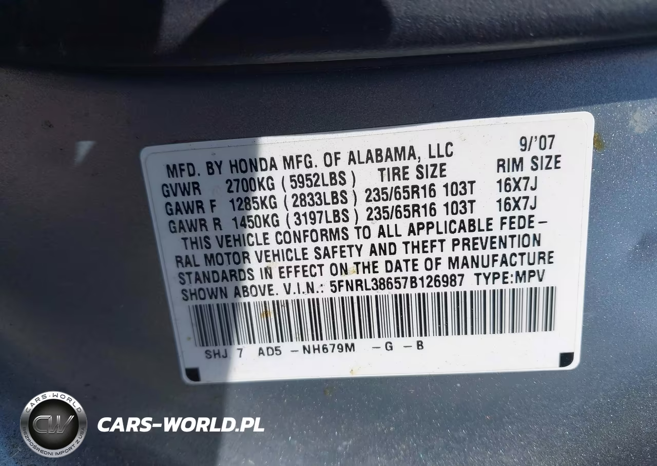 2007 Honda Odyssey Ex-L VIN:5FNRL38657B126987 - 9