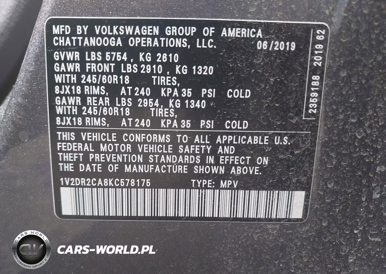 2019 Volkswagen Atlas 3.6L V6 Se VIN:1V2DR2CA8KC578175 - 9