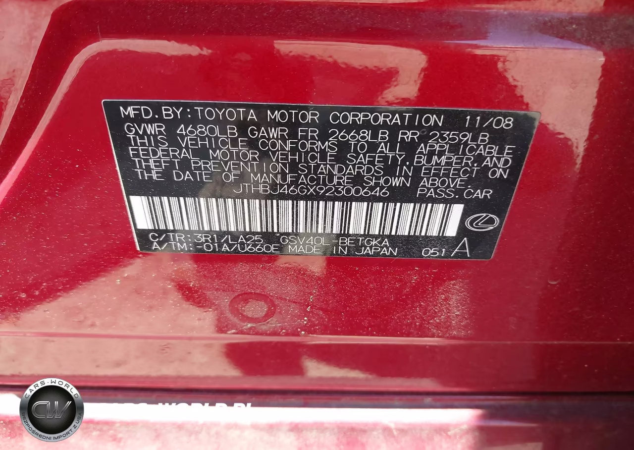 2009 Lexus Es 350 VIN:JTHBJ46GX92300646 - 9