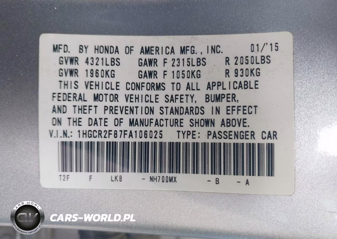 2015 Honda Accord Ex-L VIN:1HGCR2F87FA106025 - 9