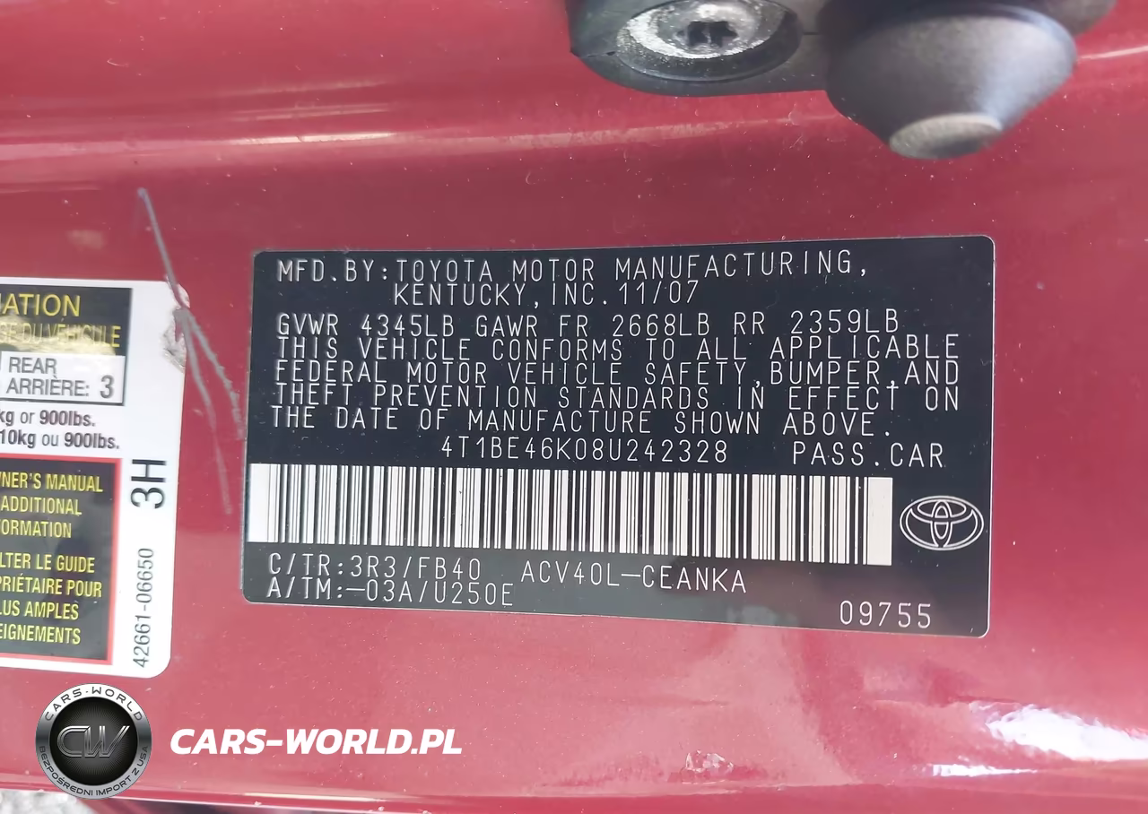 2008 Toyota Camry Le VIN:4T1BE46K08U242328 - 9