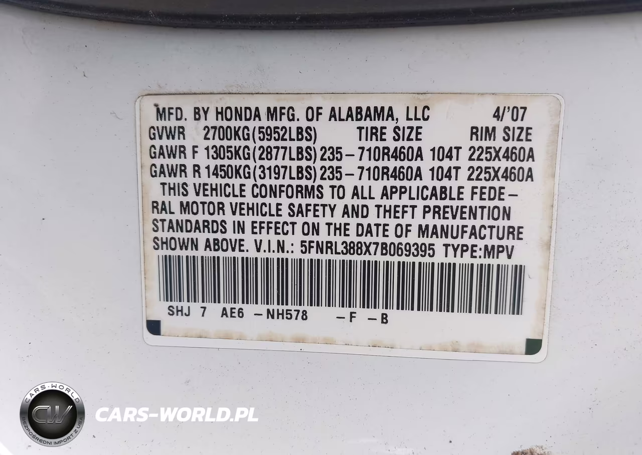 2007 Honda Odyssey Touring VIN:5FNRL388X7B069395 - 9