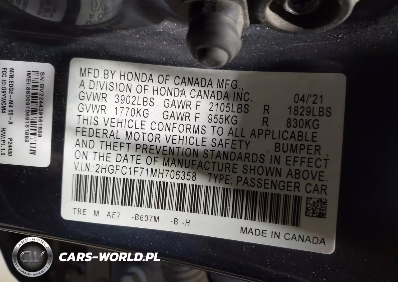 2021 Honda Civic Ex-L VIN:2HGFC1F71MH706358 - 9