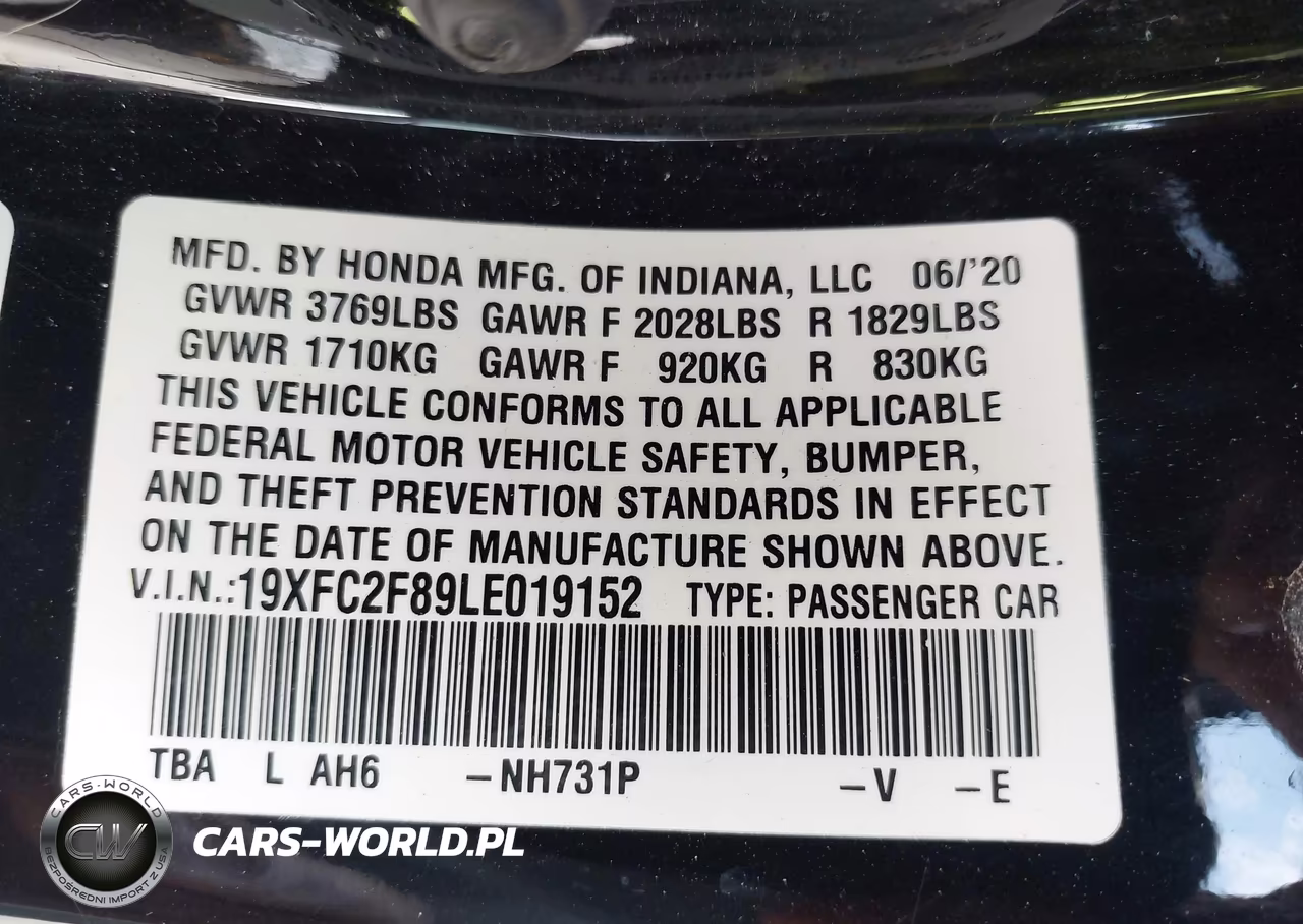 2020 Honda Civic Sport VIN:19XFC2F89LE019152 - 9