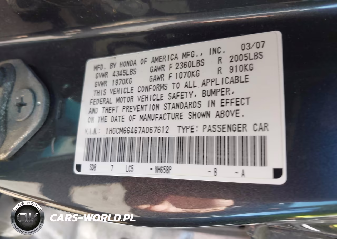 2007 Honda Accord 3.0 Se VIN:1HGCM66467A067612 - 9