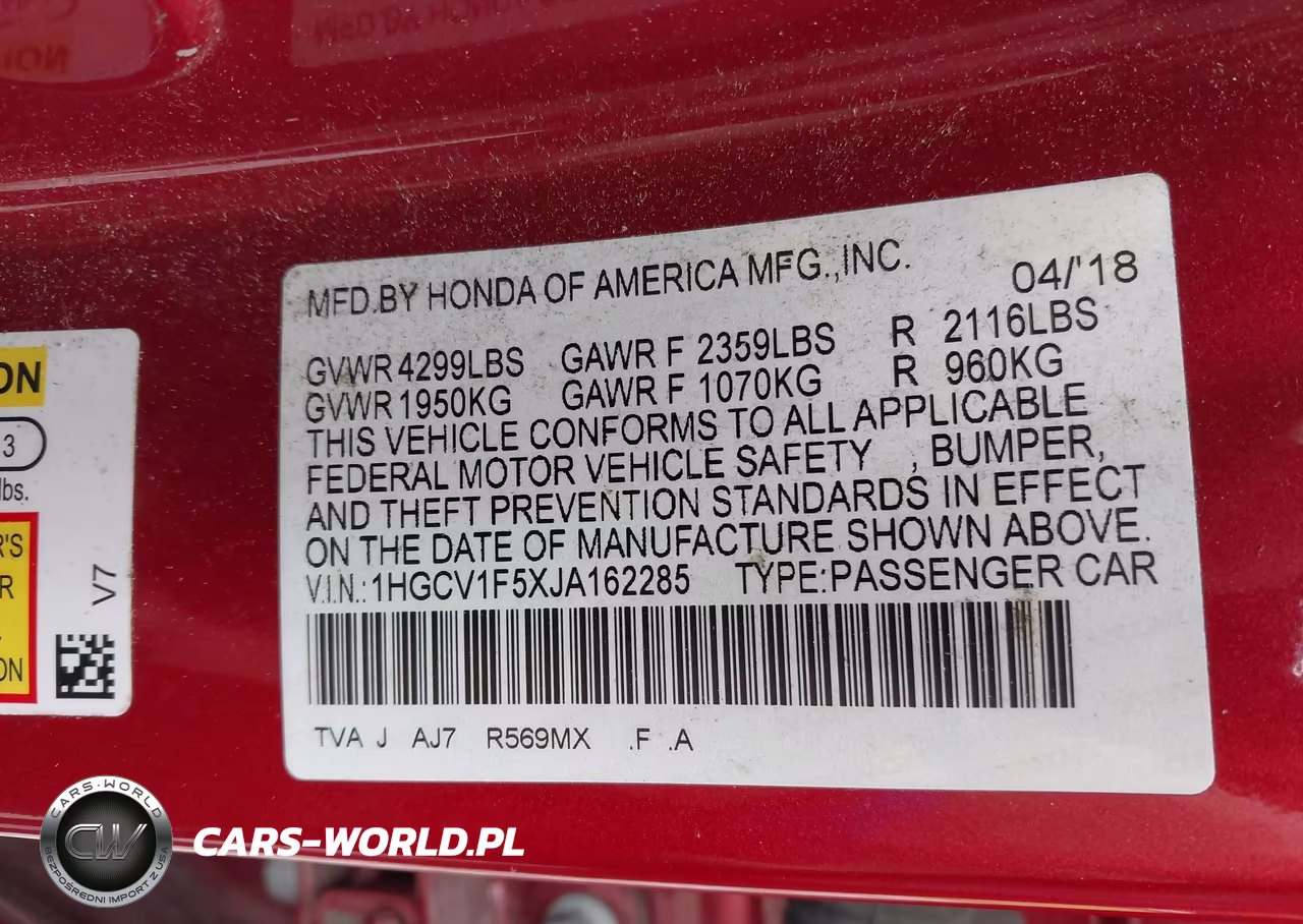 2018 Honda Accord Ex-L VIN:1HGCV1F5XJA162285 - 9