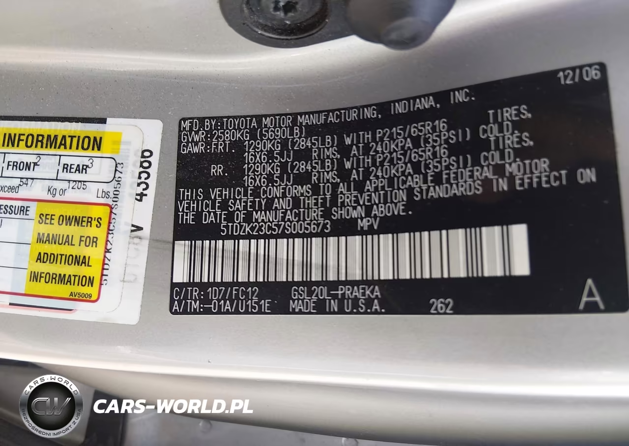 2007 Toyota Sienna Le VIN:5TDZK23C57S005673 - 9
