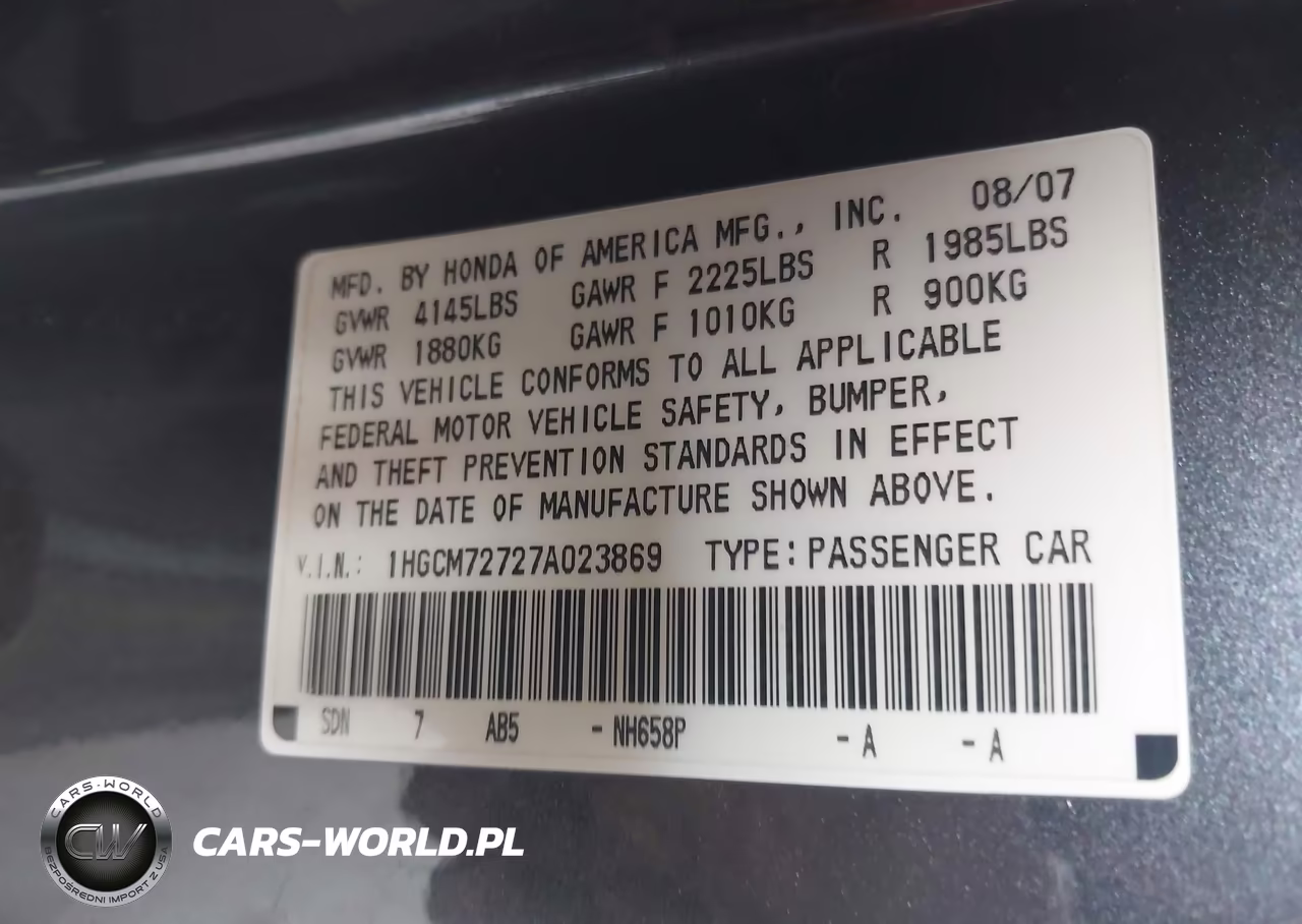 2007 Honda Accord 2.4 Ex VIN:1HGCM72727A023869 - 9