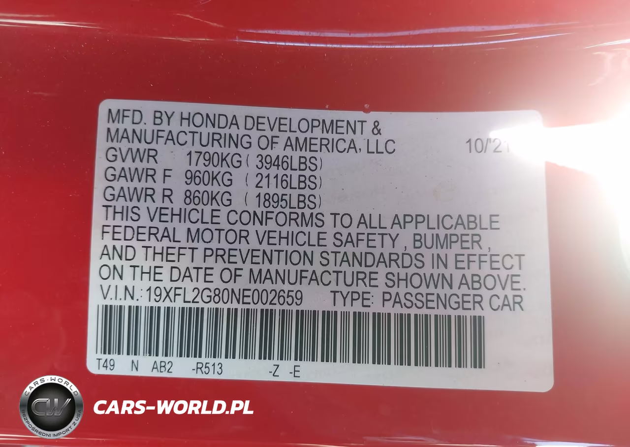 2022 Honda Civic Sport VIN:19XFL2G80NE002659 - 9