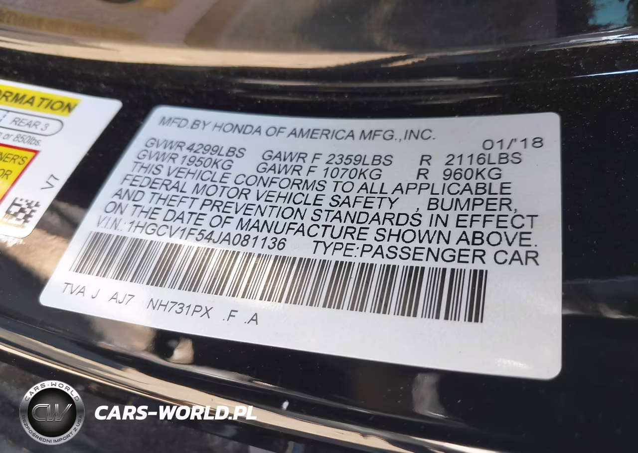 2018 Honda Accord Ex-L VIN:1HGCV1F54JA081136 - 9