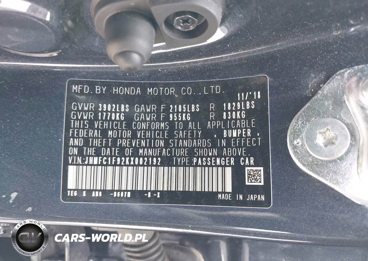 2019 Honda Civic Touring VIN:JHMFC1F92KX002192 - 9