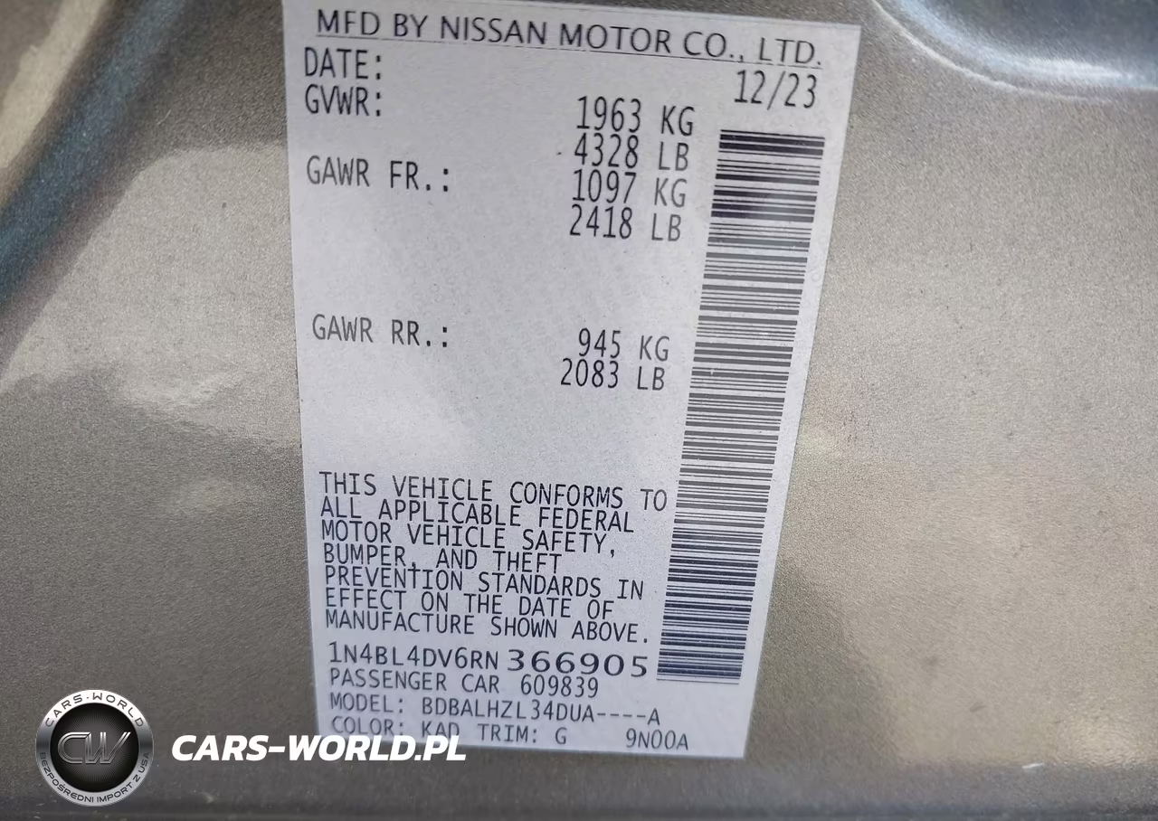 NISSAN ALTIMA VIN:1N4BL4DV6RN366905 - 9
