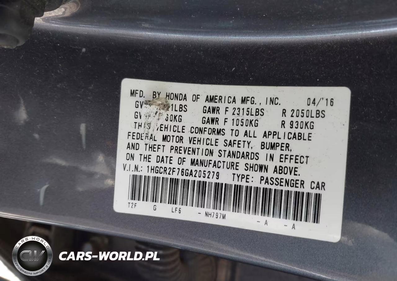 2016 Honda Accord Ex VIN:1HGCR2F76GA205279 - 9