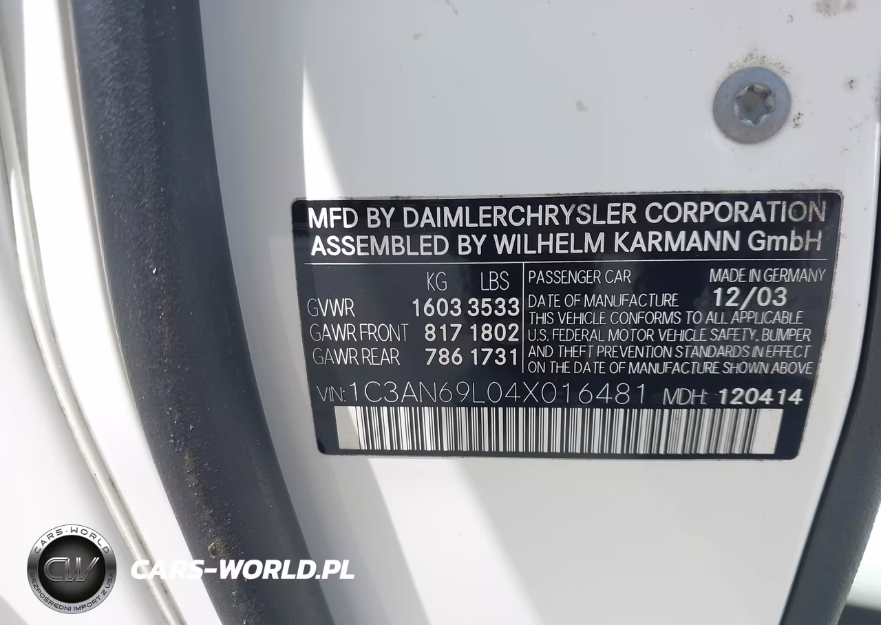 2004 Chrysler Crossfire VIN:1C3AN69L04X016481 - 9