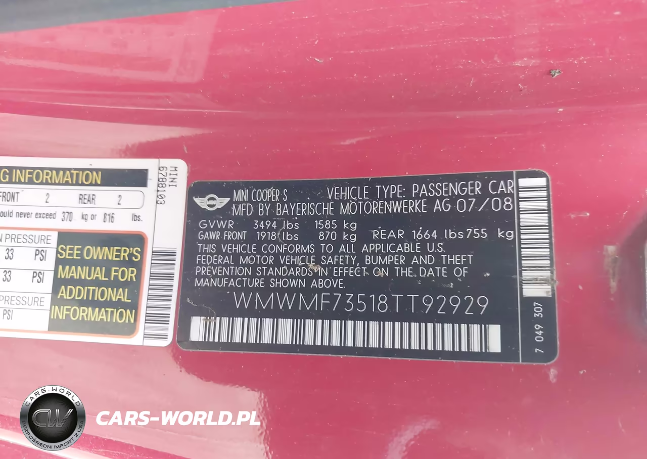 2008 Mini Cooper S VIN:WMWMF73518TT92929 - 9
