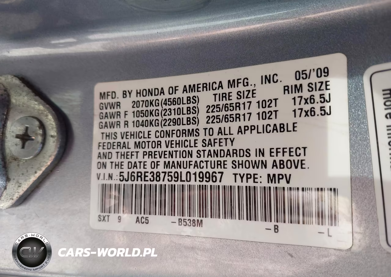 2009 Honda Cr-V Ex-L VIN:5J6RE38759L019967 - 9