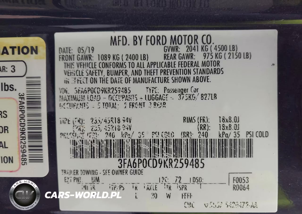 2019 Ford Fusion Sel VIN:3FA6P0CD9KR259485 - 9