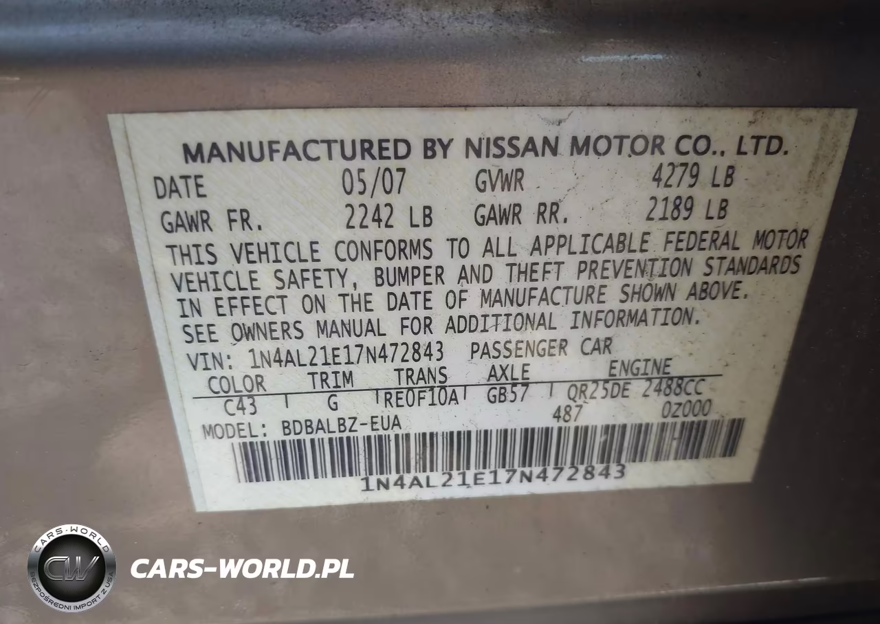 2007 Nissan Altima 2.5 S VIN:1N4AL21E17N472843 - 9