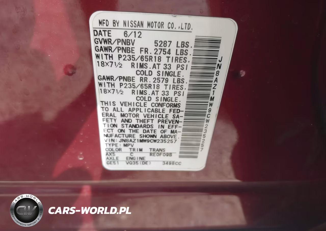 2012 Nissan Murano Sl VIN:JN8AZ1MW9CW235257 - 9