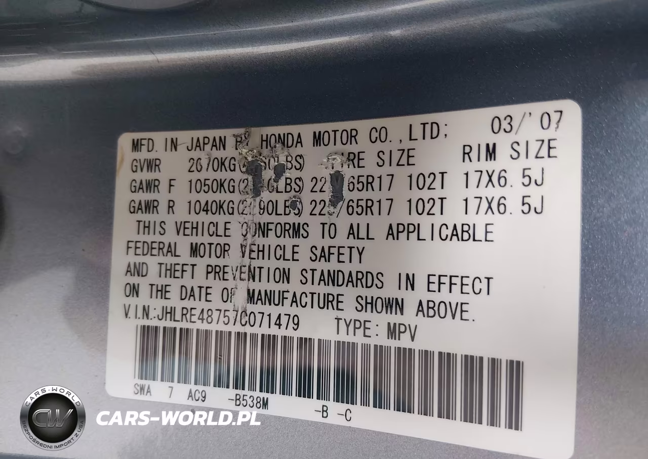 2007 Honda Cr-V Ex-L VIN:JHLRE48757C071479 - 9