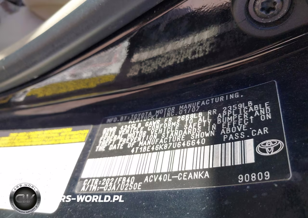 2007 Toyota Camry Ce VIN:4T1BE46K87U646640 - 9
