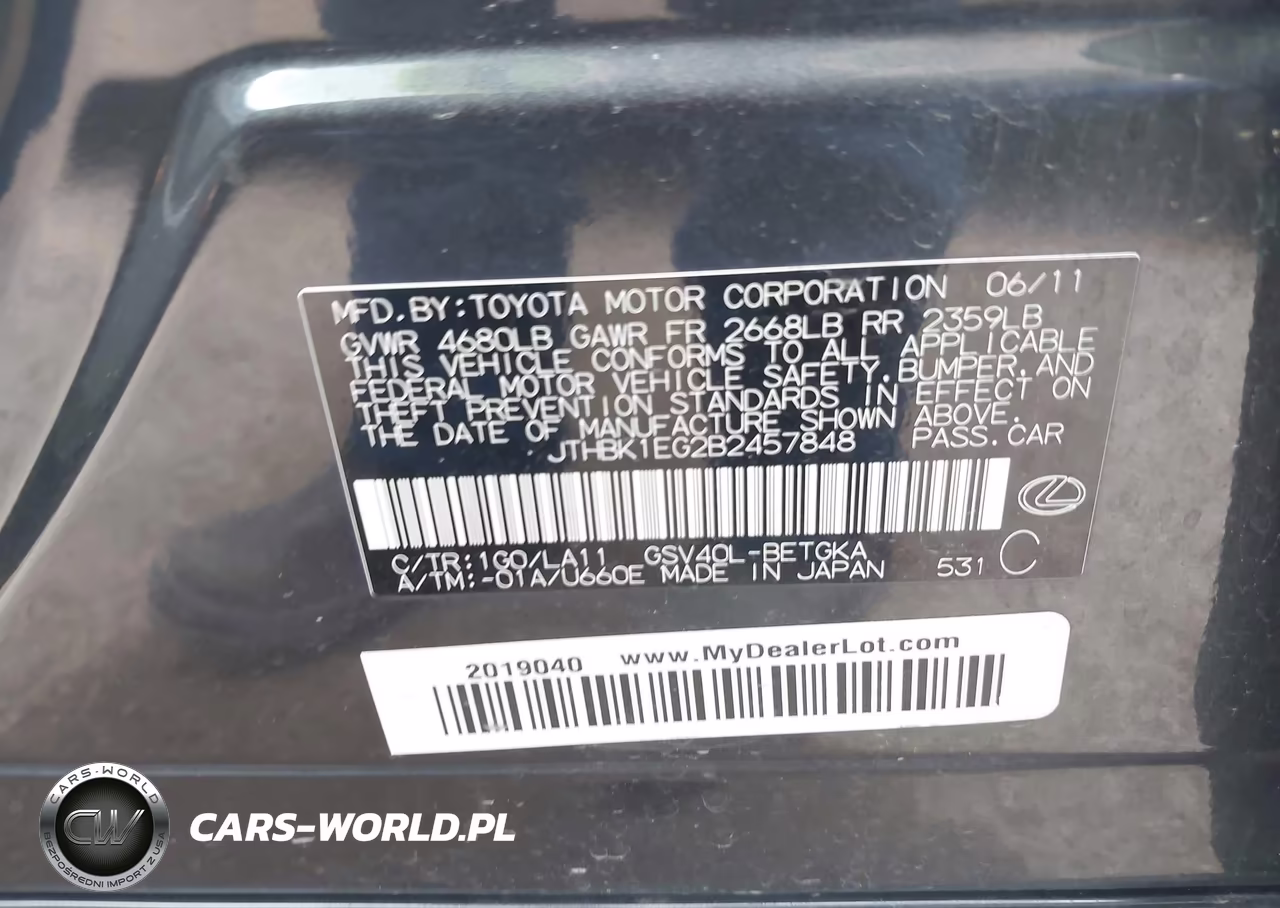 2011 Lexus Es 350 VIN:JTHBK1EG2B2457848 - 9