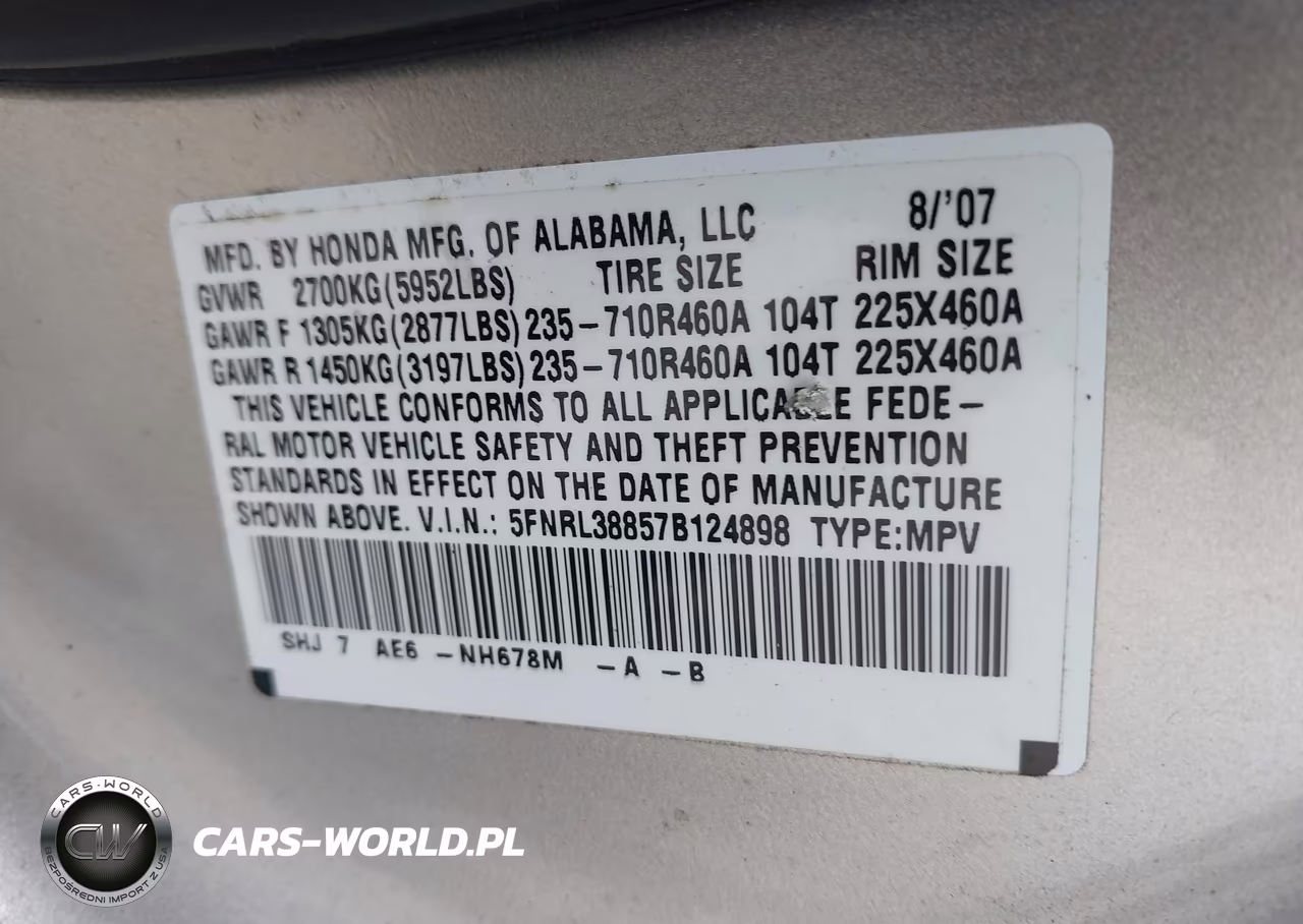 2007 Honda Odyssey Touring VIN:5FNRL38857B124898 - 9