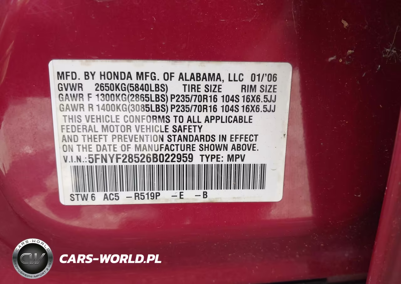 2006 Honda Pilot Ex-L VIN:5FNYF28526B022959 - 9