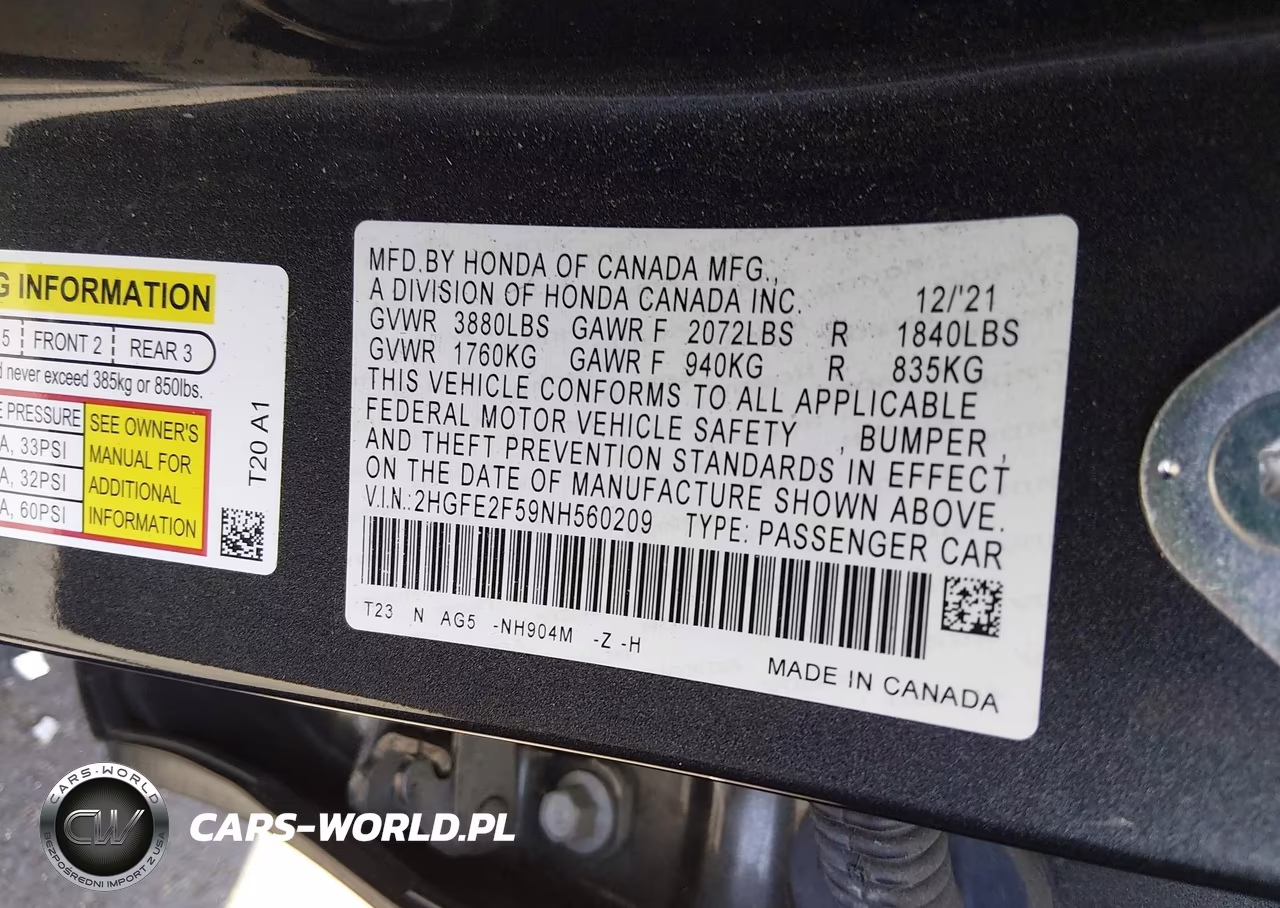 2022 Honda Civic Sport VIN:2HGFE2F59NH560209 - 9