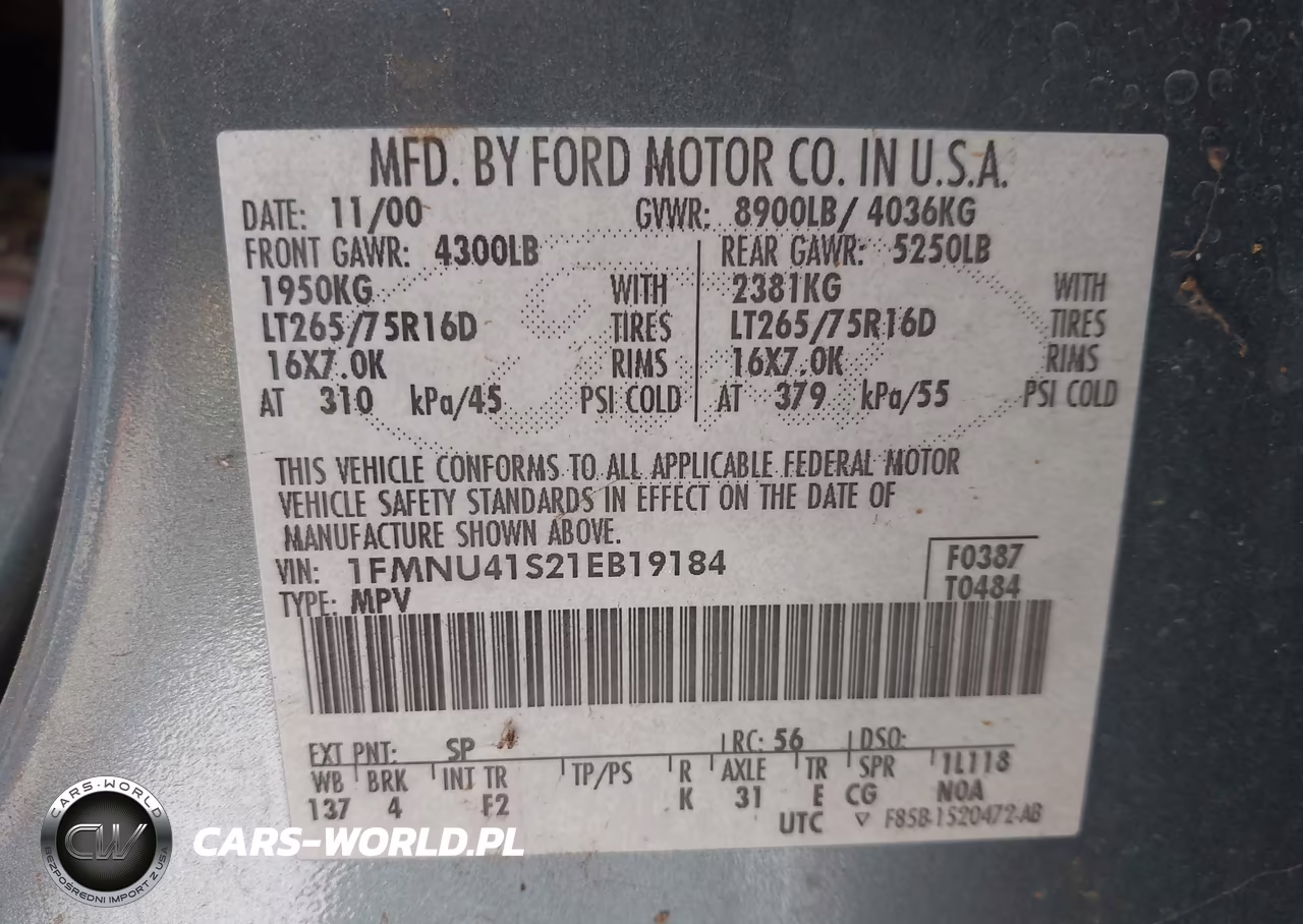 2001 Ford Excursion Xlt VIN:1FMNU41S21EB19184 - 9