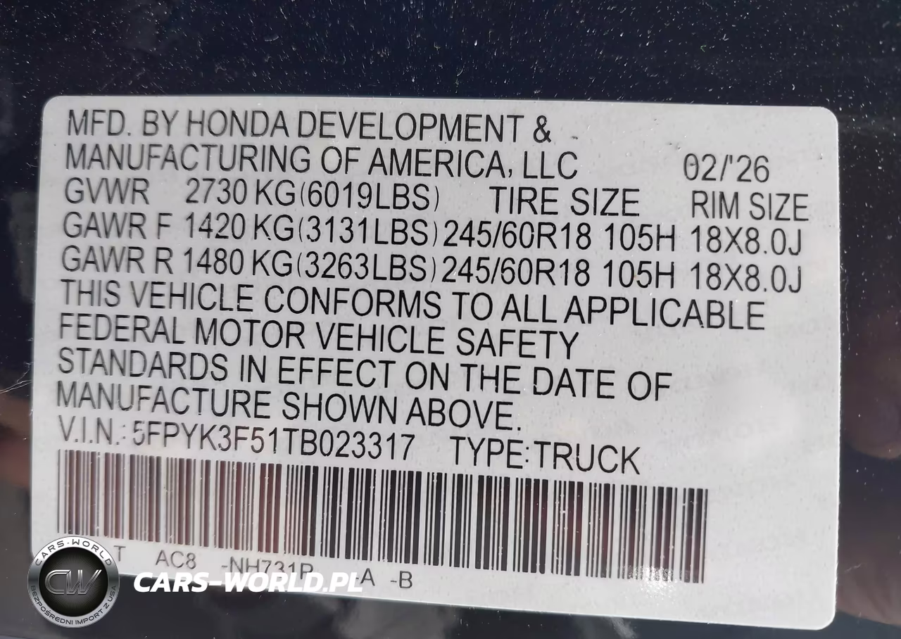 2026 Honda Ridgeline Rtl VIN:5FPYK3F51TB023317 - 9