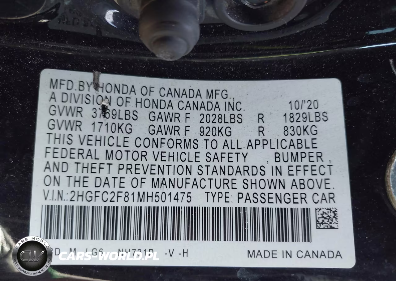 2021 Honda Civic Sport VIN:2HGFC2F81MH501475 - 9